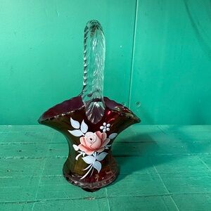 Westmoreland Cranberry Glass Basket with Hand-Painted Pink Rose